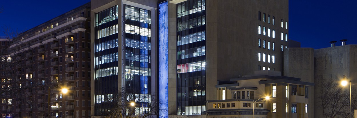 Exterior tall building blue middle lighted feature